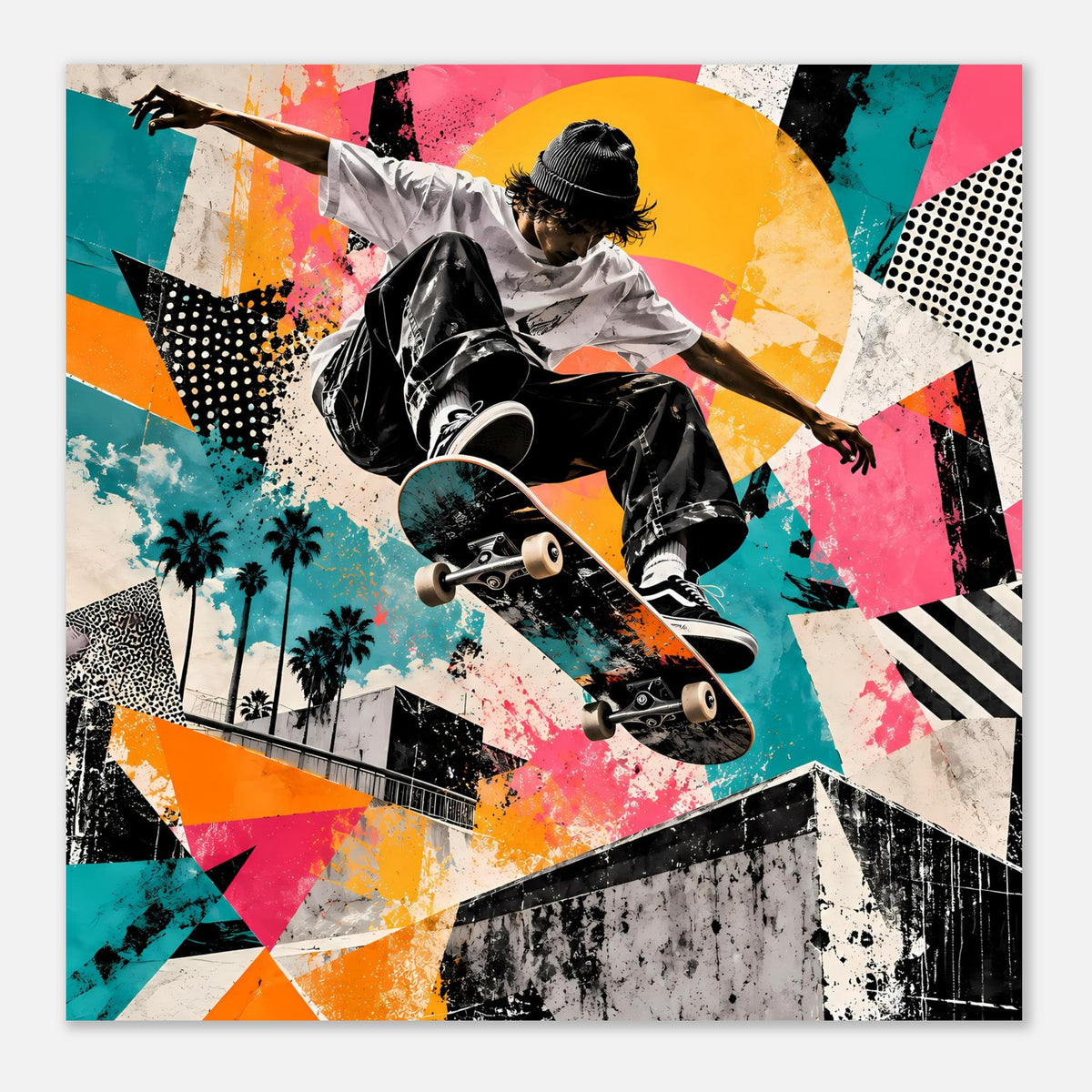 Poster im Querformat: Skateboarder mit Skateboard vor Street-Art-Motiv