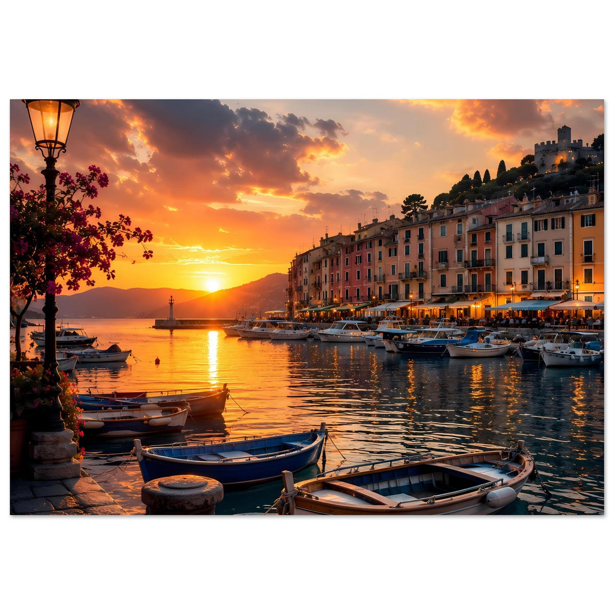 Poster mit Hafen-Sonnenuntergang, Booten am Kai und Uferhäusern, Laterne links