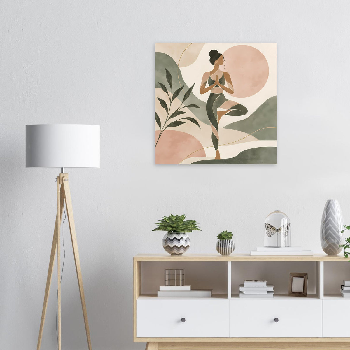 Abstraktes Yoga-Poster mit Zen-Figur in Salbeigrün und Rosé