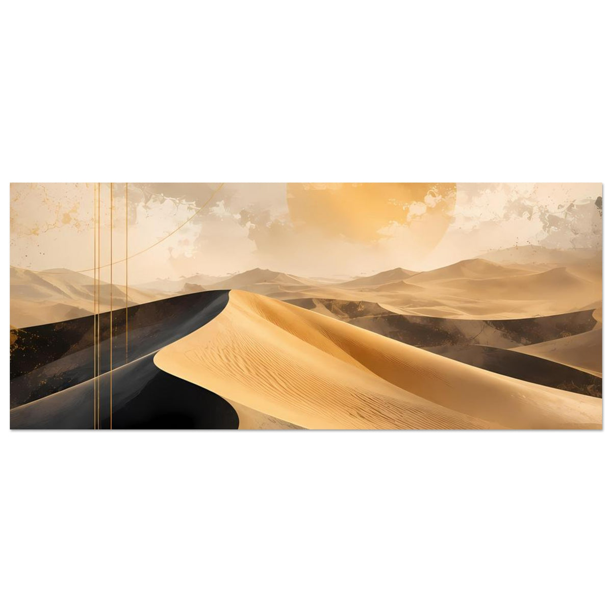 Wüstenposter im Querformat mit goldenen Dünen, schwarzem Sand und großer Sonnenscheibe