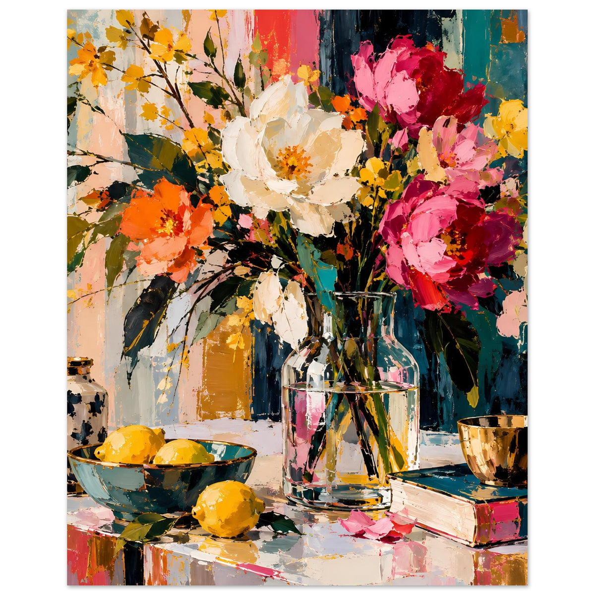 Blumenstilleben-Poster mit kräftigem Blütenmix, Vase, Glas und farbige Schale auf Bildfläche