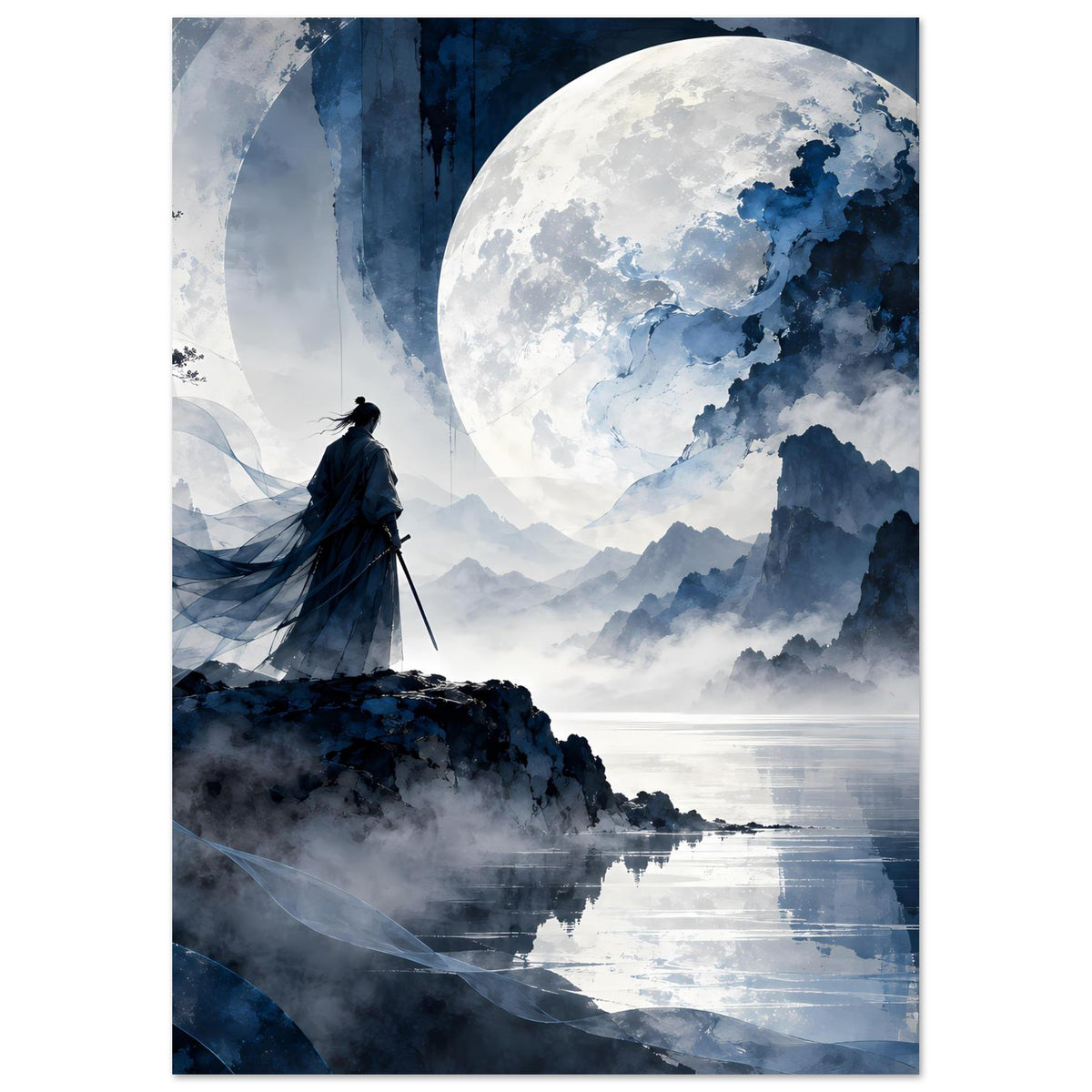 Vertikales Poster mit Mond, nebligen Bergen und Samurai-Silhouette auf Fels, blau-grau.