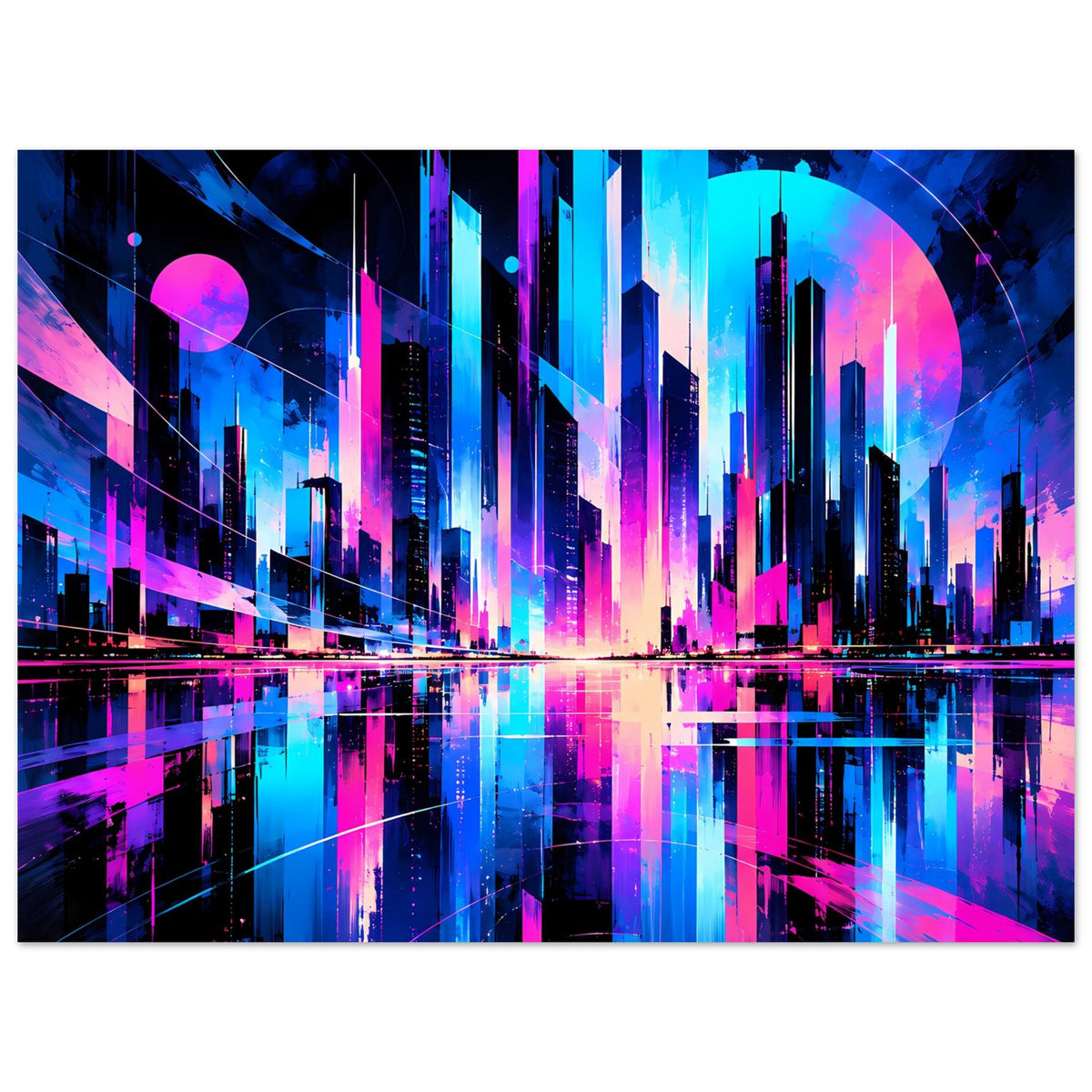 Neon-Stadtmotiv Poster im Querformat mit bunten Wolkenkratzern und spiegelndem Untergrund