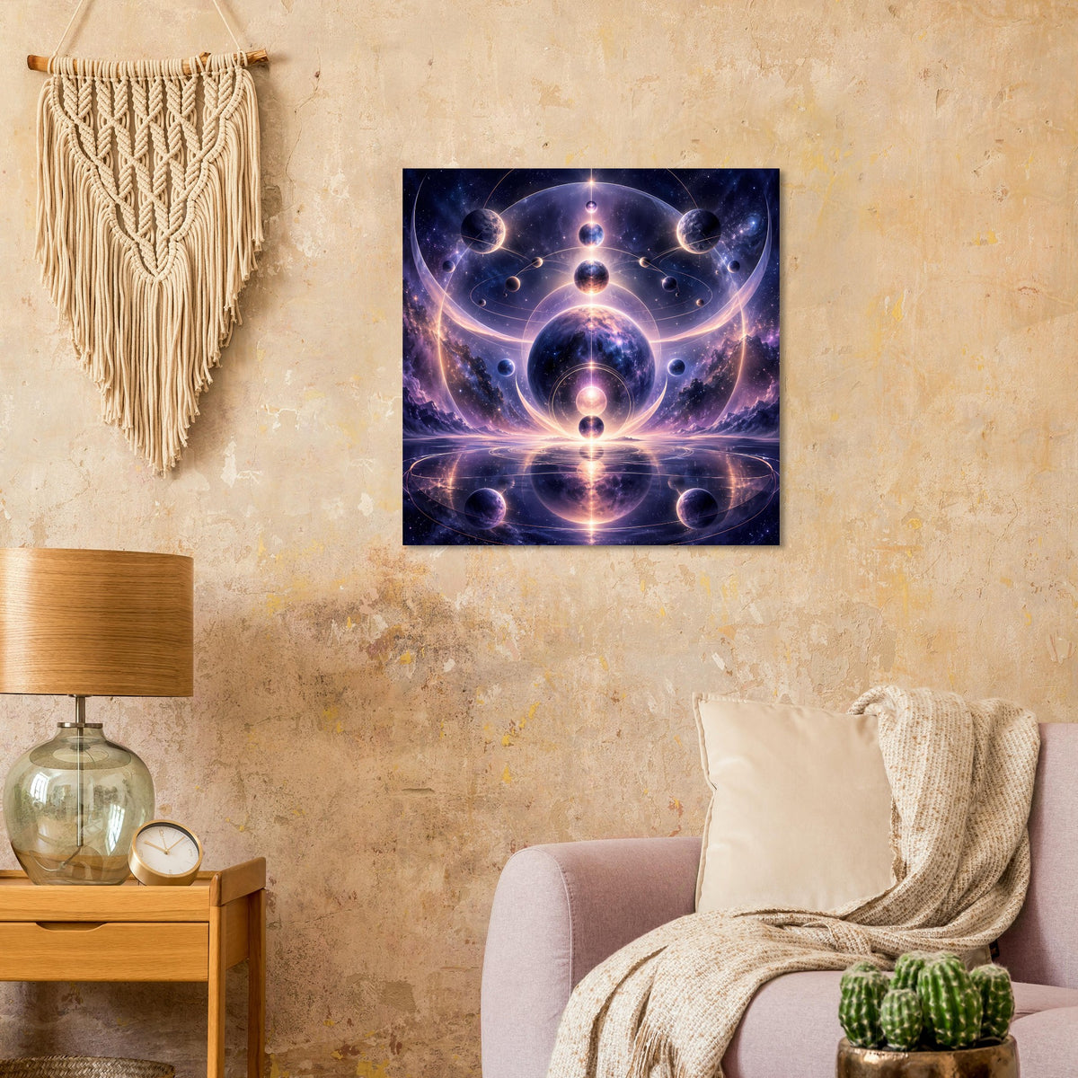 Quadratisches Poster mit kosmischem Muster, zentriertem Energiekern und Planeten.
