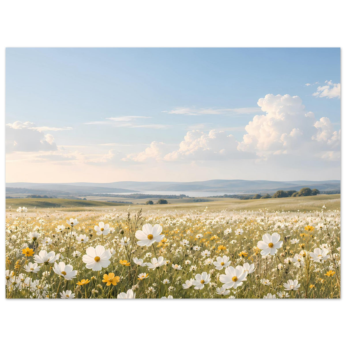 Wildblumenwiese-Poster im Querformat mit weißen Blüten und weitem Tal