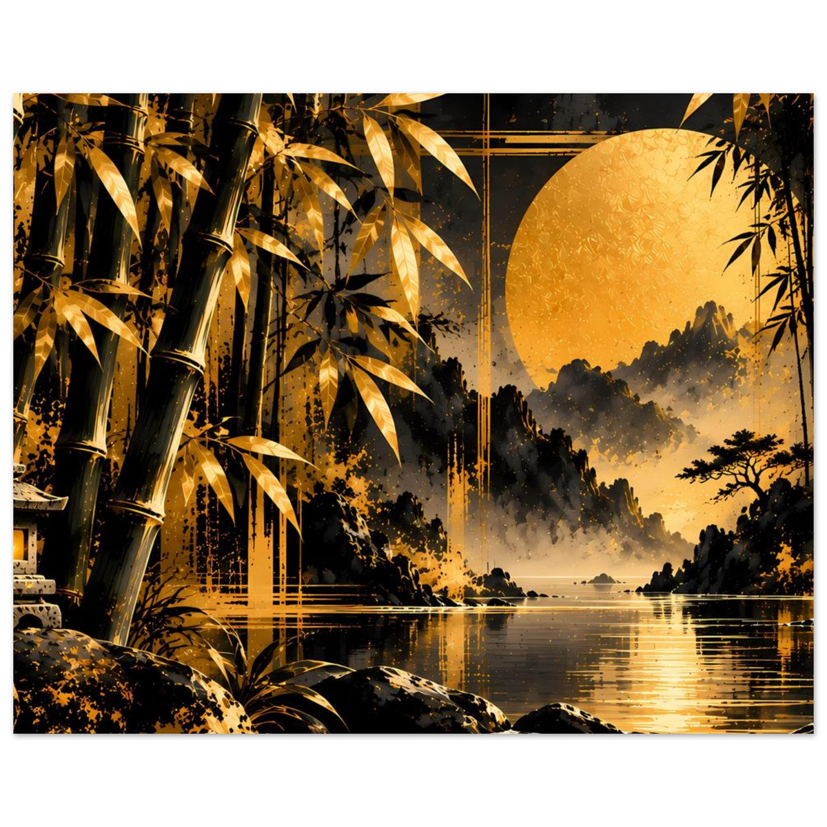 Breites Poster: goldener Bambus, bewölkter Himmel, Baum-Silhouette und reflektierendes Wasser