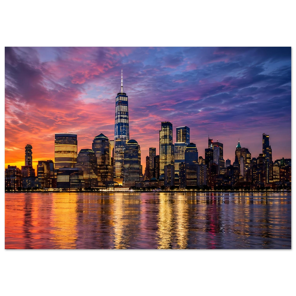 Poster mit New York-Skyline bei Dämmerung im Querformat, Wolkenfarben und Lichter im Wasser.