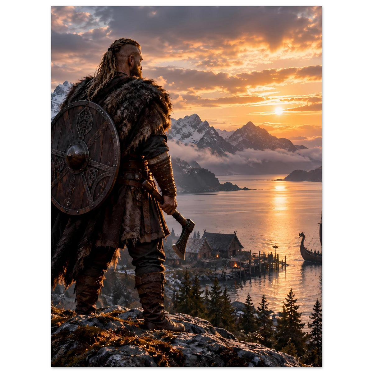 Hochformatiges Poster: Wikinger mit Rundschild vor Fjordlandschaft bei Sonnenuntergang