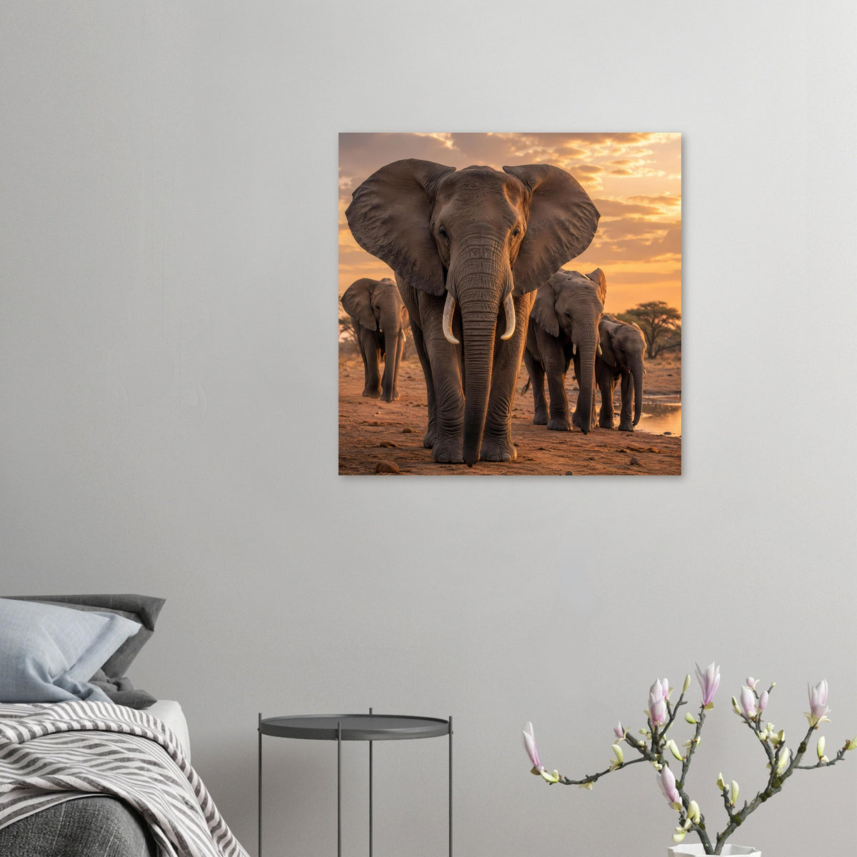 Kleines Poster mit Elefantenherde: zentriertes Vorderes Tier, mehrere Elefanten umstehend, klare Details