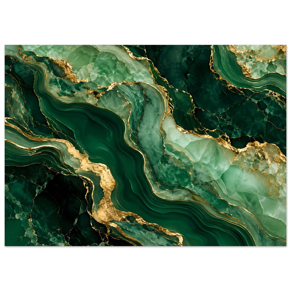 Luxusposter im Querformat mit grünem Marmordesign, goldenen Konturen und welligen Adern