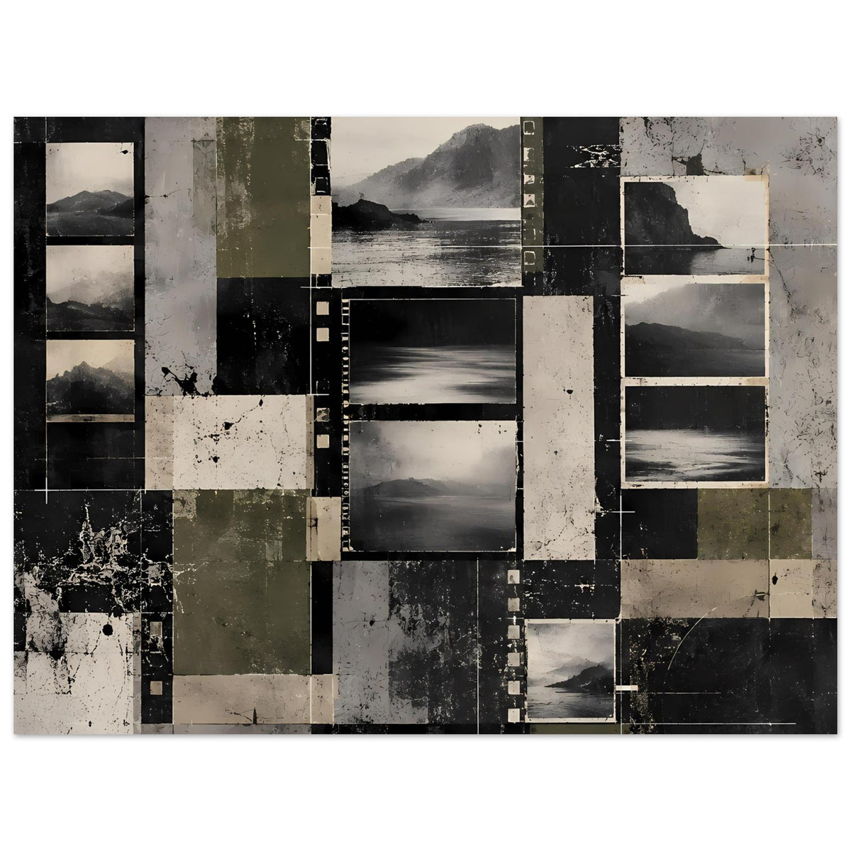 Vintage-Poster, abstrakte Landschafts-Collage in Grau-, Schwarz- und Olivtönen, Filmstreifen, querformat