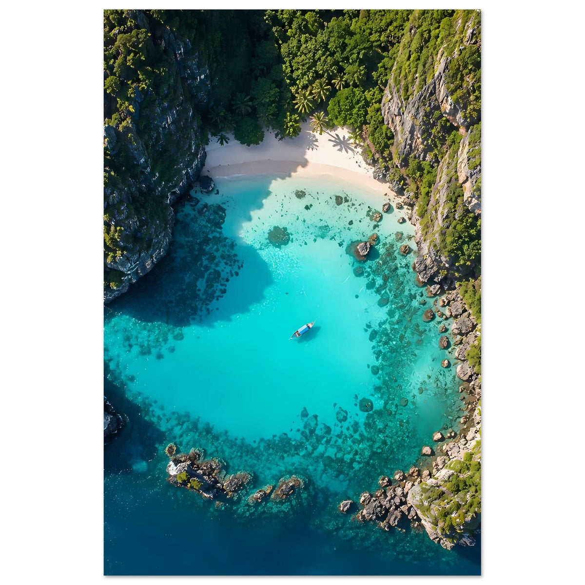 Poster im Hochformat: türkisblaues Wasser, Felsenküste und grüner Regenwald