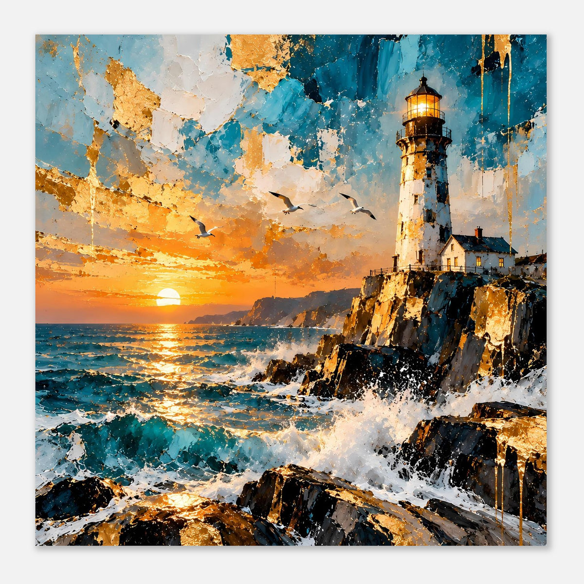 Poster mit Leuchtturm und Felsküste, Sonnenuntergang am Horizont, blaue Wellen und Gischt