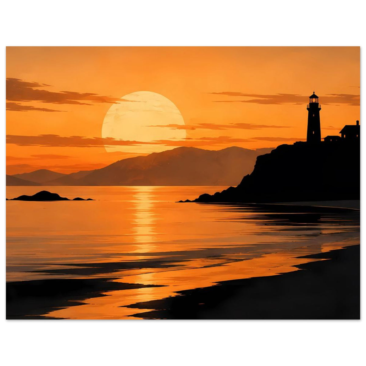 Küstenposter: Sonnenuntergang über dem Meer, Leuchtturm und spiegelnder Strand