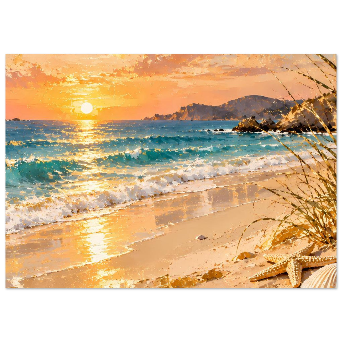 Querformat-Poster: Sonnenuntergang am Strand mit türkisblauem Meer und Sand