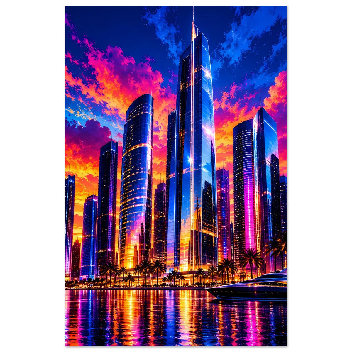Stadtposter mit Skyline aus hohen leuchtenden Gebäuden im Sonnenuntergang, inklusive Ufer und Palmen