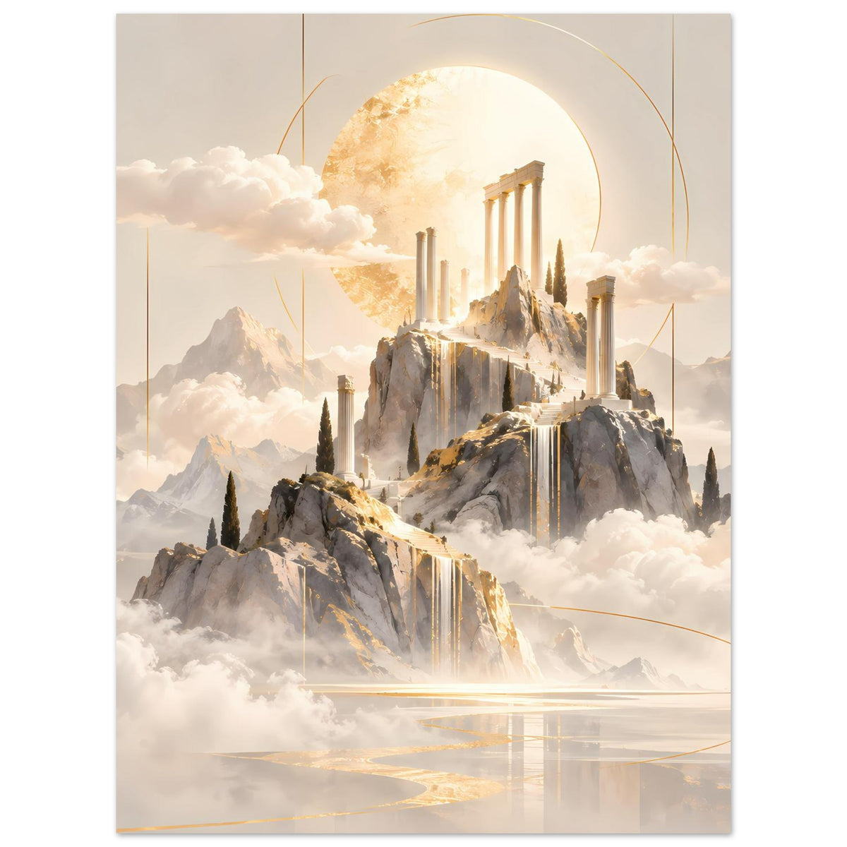 Poster mit Tempel-Motiv: goldener Kreis über Berglandschaft, Wolken und Säulen