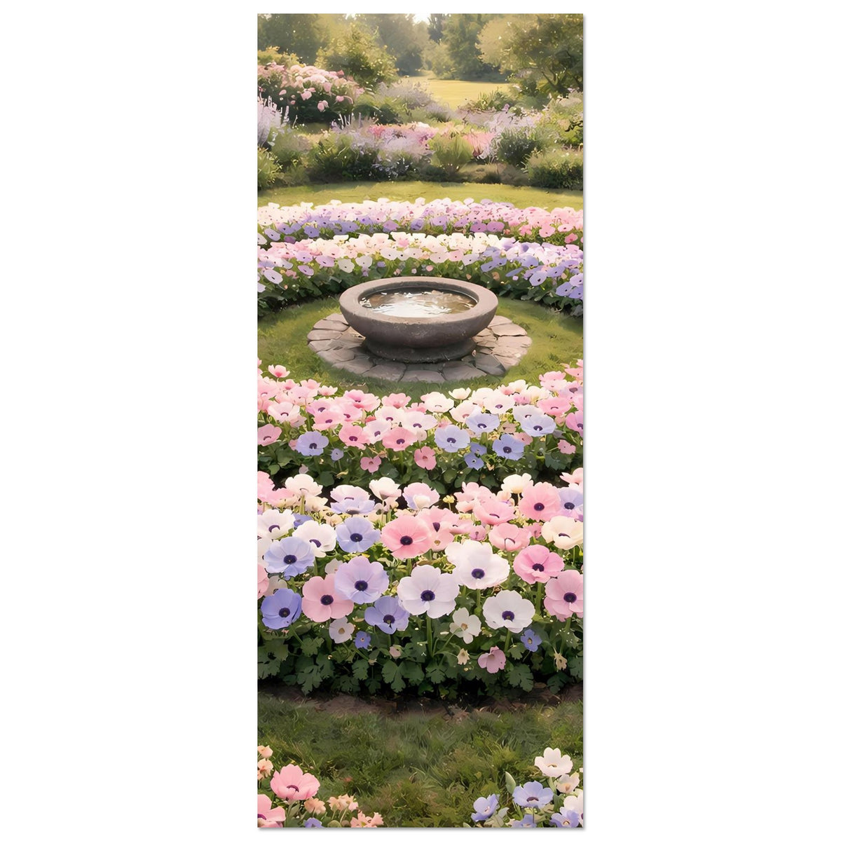 Hochformat-Poster mit Blumenbeeten in Pastelltönen: Stein-Schale im runden Zentrum