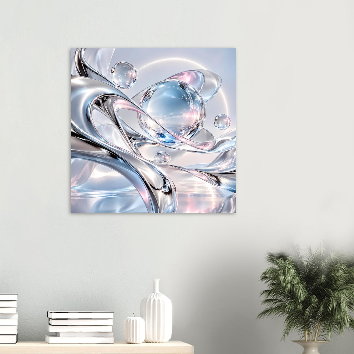 Abstraktes Kunstposter (Detail): silberne Metallkurven mit blauer Kugel und rosa Reflexen