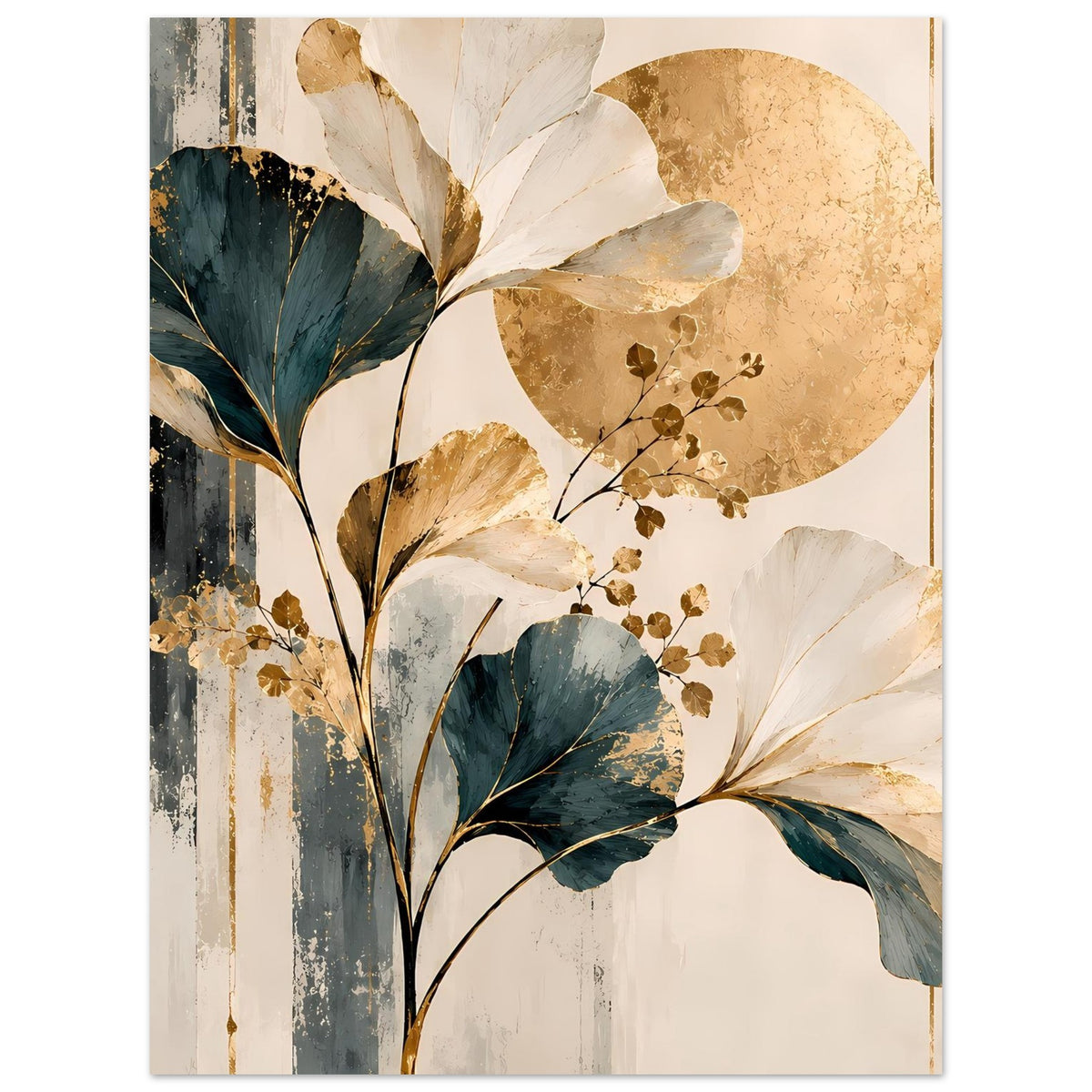 Poster mit Ginkgoblättern, goldener Sonnenscheibe und Zweigen mit kleinen Blüten
