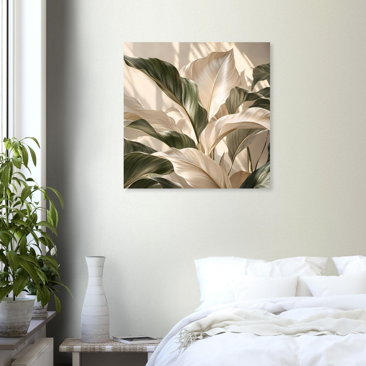 Pflanzenkunst-Poster mit Pflanzenblatt-Motiv in Grün, Creme und Beige