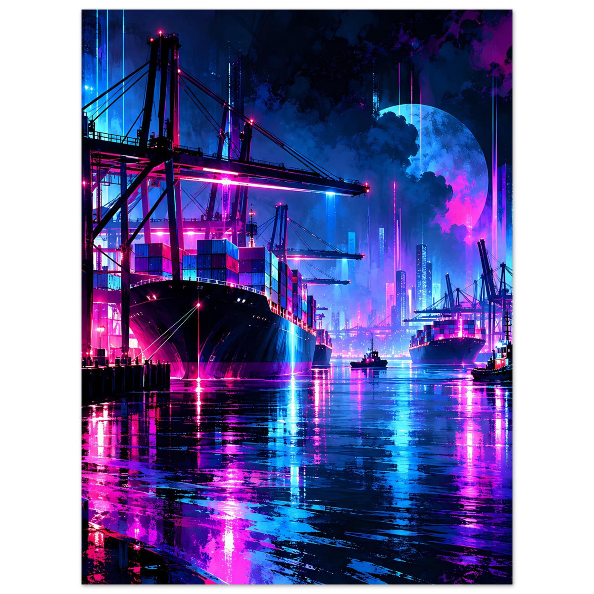 Neon-Hafen Nacht Poster mit Brücke, Hafenkränen, Rauchwolken und Neon-Reflexen