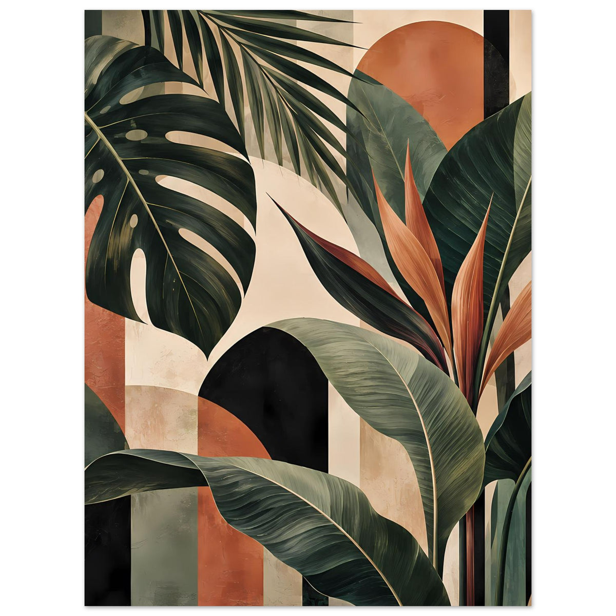 Botanisches Kunstposter mit tropischem Blattmotiv in Grün, Orange und Beige, gerahmt, klarer Kontrast