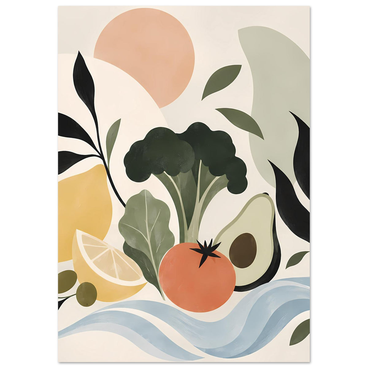 Abstraktes Pflanzen-Poster mit großen schwarzen Blättern und grünen Blüten, orange Akzent