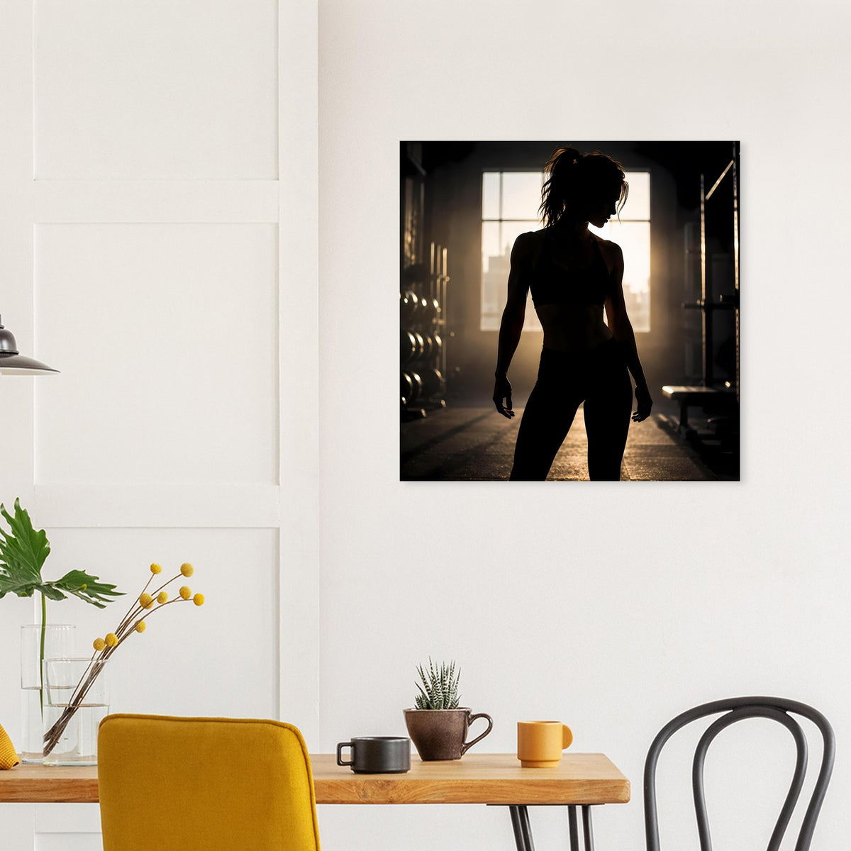 Poster mit schwarzer Frauen-Silhouette vor hellem Hintergrund in einem dunklen Gang