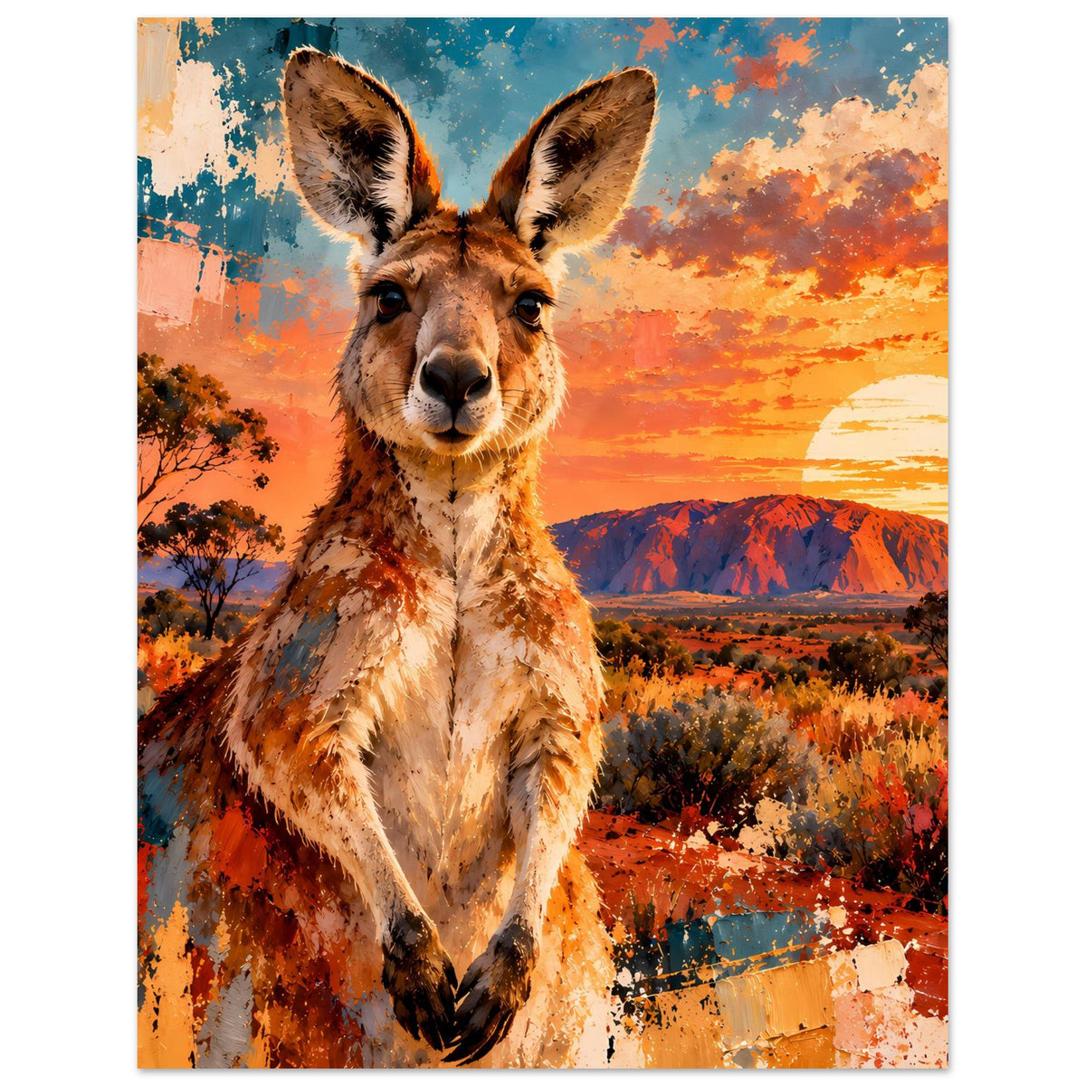 Poster mit Känguru bei Sonnenuntergang auf mattem Premium-Papier, hochkant