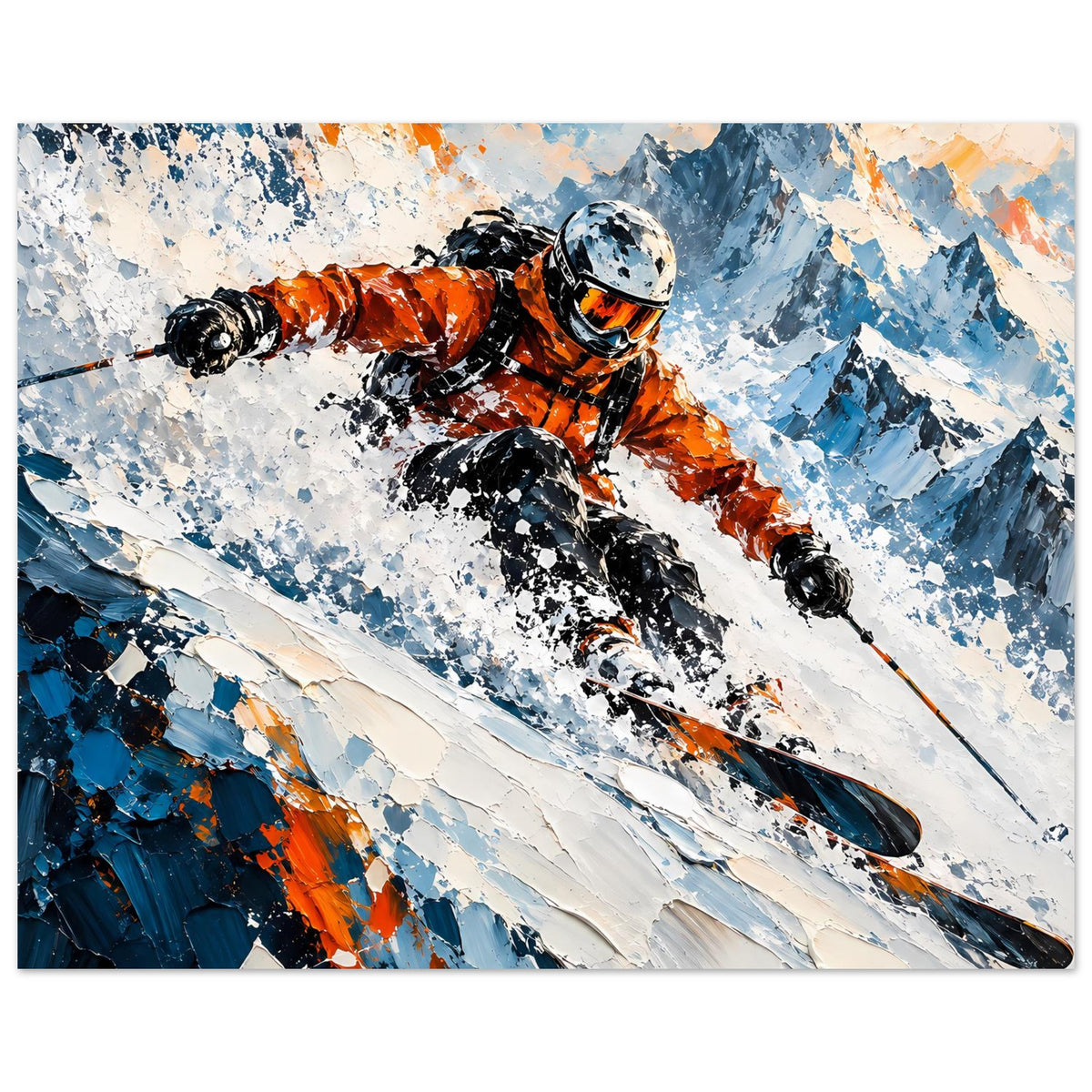 Skifahrer-Poster mit Fokus auf Fahrer und Ski, orange-schwarze Kleidung, schneebedeckte Abfahrt