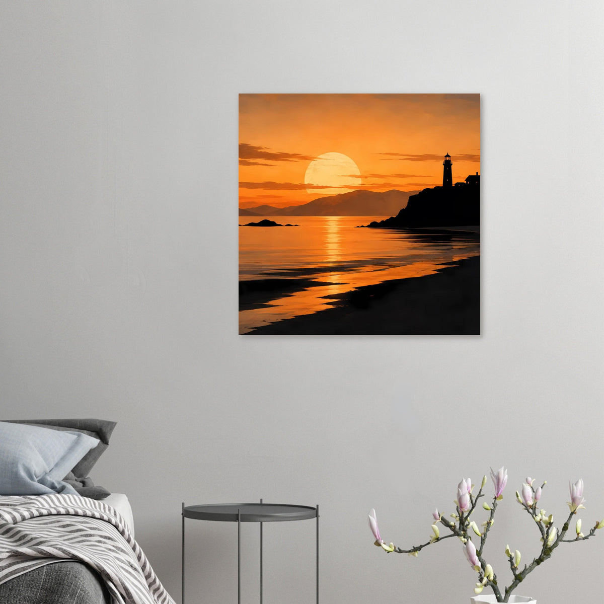 Küstenposter mit Sonnenuntergang, Meerreflexen und Leuchtturm an der Küste