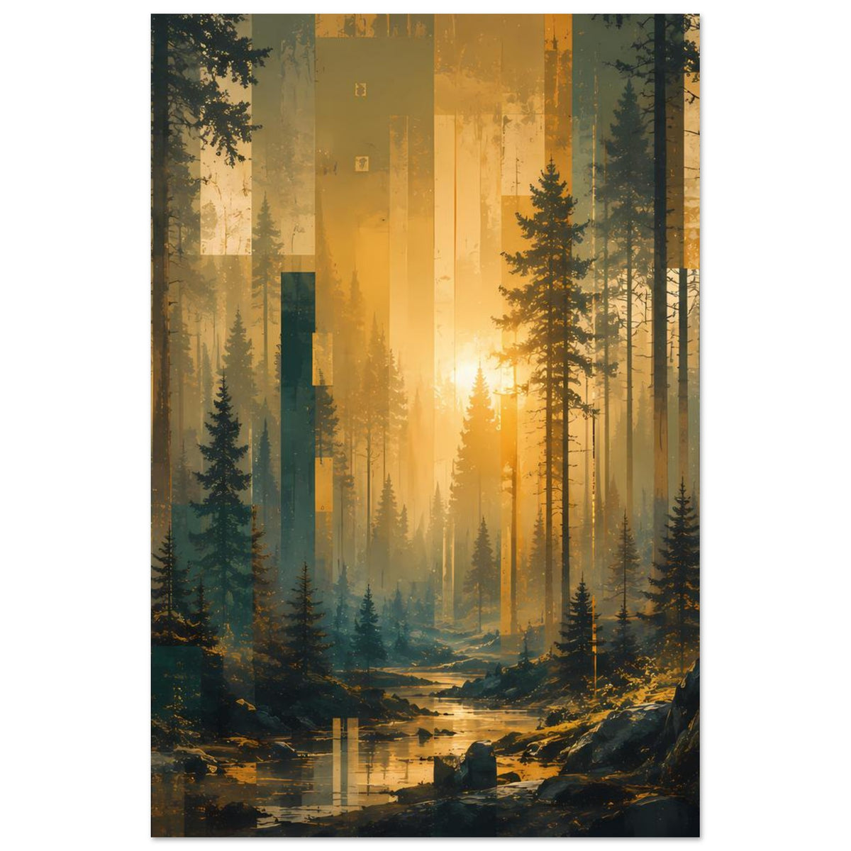 Wandposter im Hochformat mit Nadelwald, warmem Sonnenaufgang und feinem Nebel im Tal