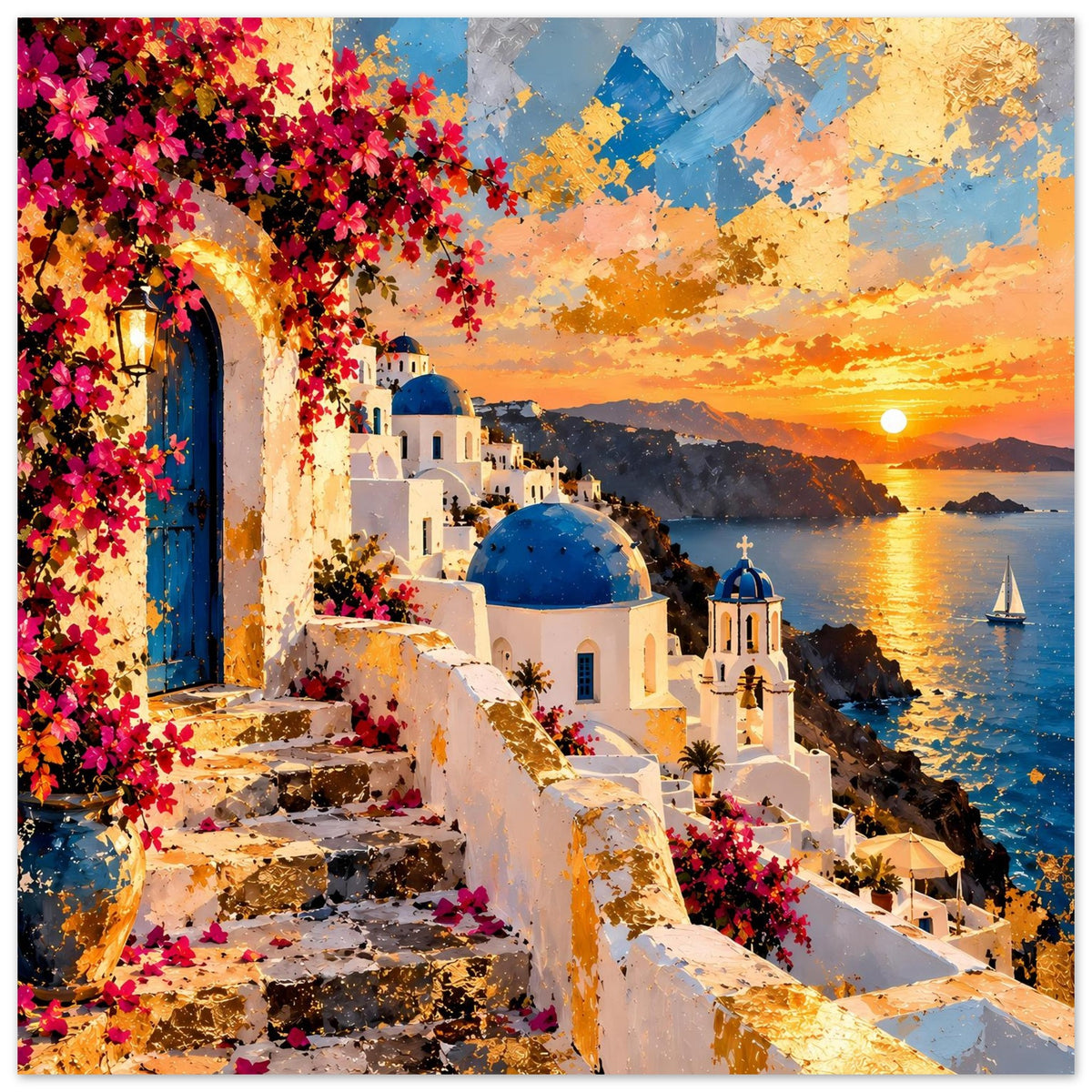 Poster mit Blick auf weiße Häuser, blaue Kuppel, bunte Blumen, Sonnenuntergang am Meer