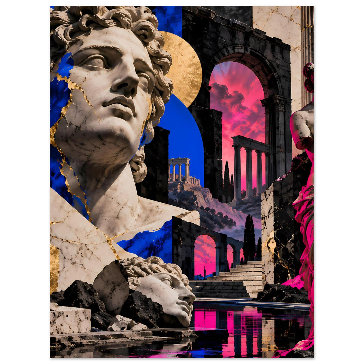Kunstposter im Querformat mit klassischer Statue, blau-pinke Akzente, Treppe und Bogen