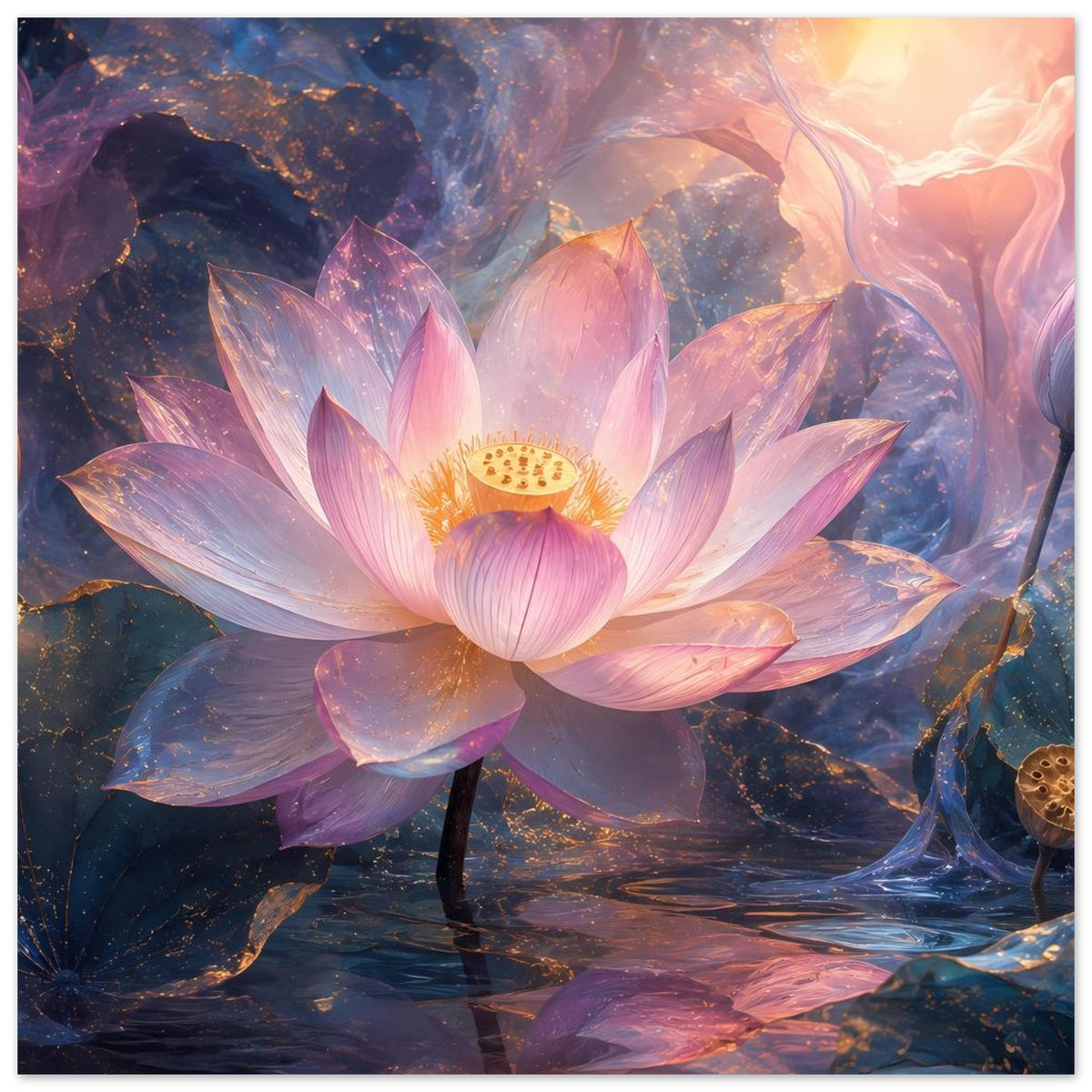 Kunstposter mit großer Lotusblüte in Pastellrosa und Hellblau, goldener Mitte, ruhige Szene