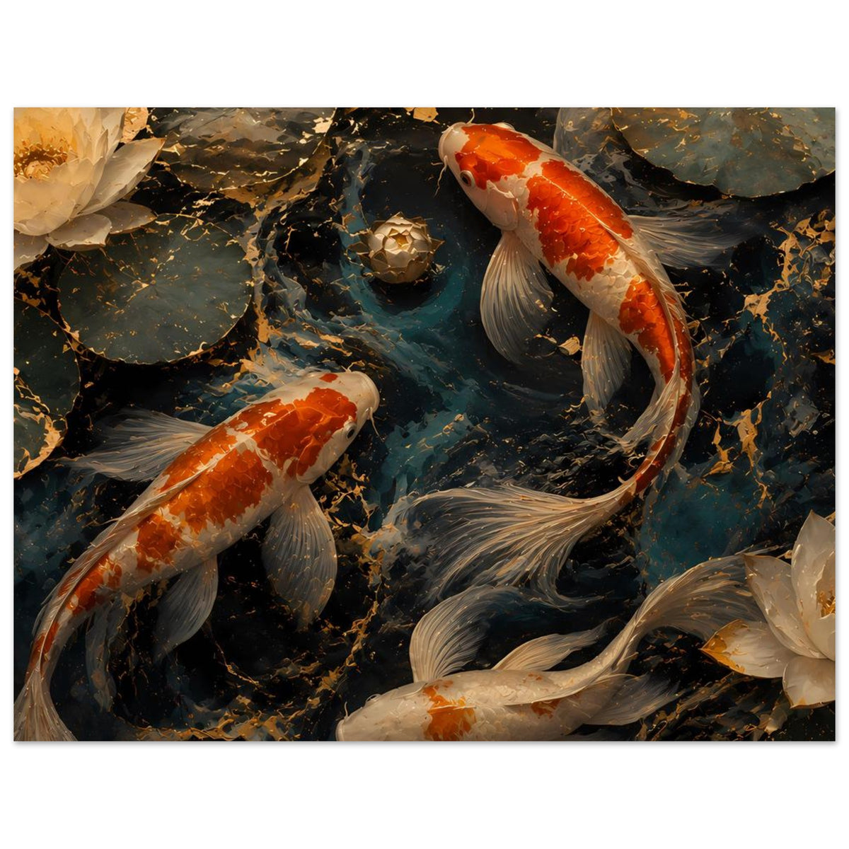 Poster mit Koi-Fischen im Teich, orange-weiße Koi und silbergraue Fische, Steine und Goldakzente
