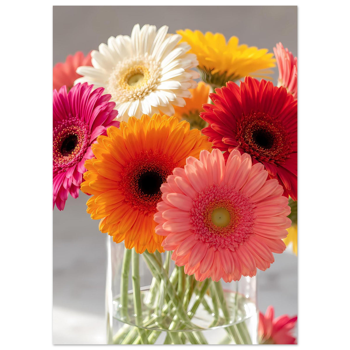 Gerbera-Blumenposter: Strauß aus weißen, gelben, pinken und roten Gerbera mit Glasvase
