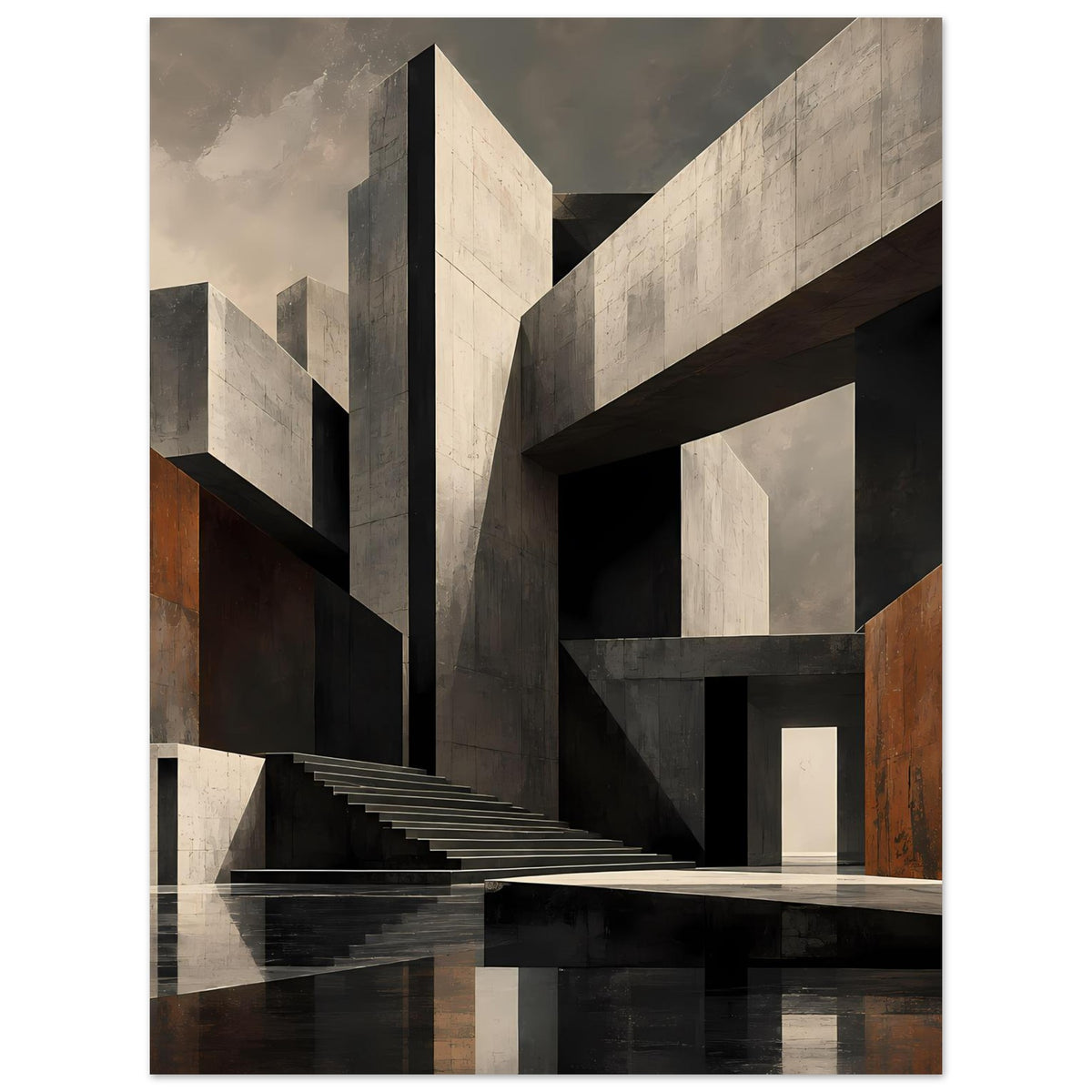Architekturposter mit Treppenlauf und kubischen Betonformen in neutralen Farbtönen