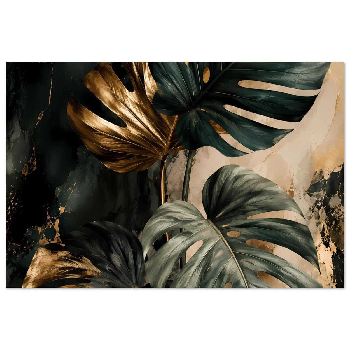 Quadratisches Poster mit Monstera-Blättern in Dunkelgrün und goldenen Akzenten