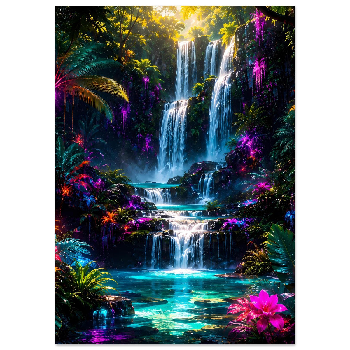 Poster: mehrstufiger Wasserfall im Tropenwald, blau leuchtendes Wasser, schwarzer Rahmen
