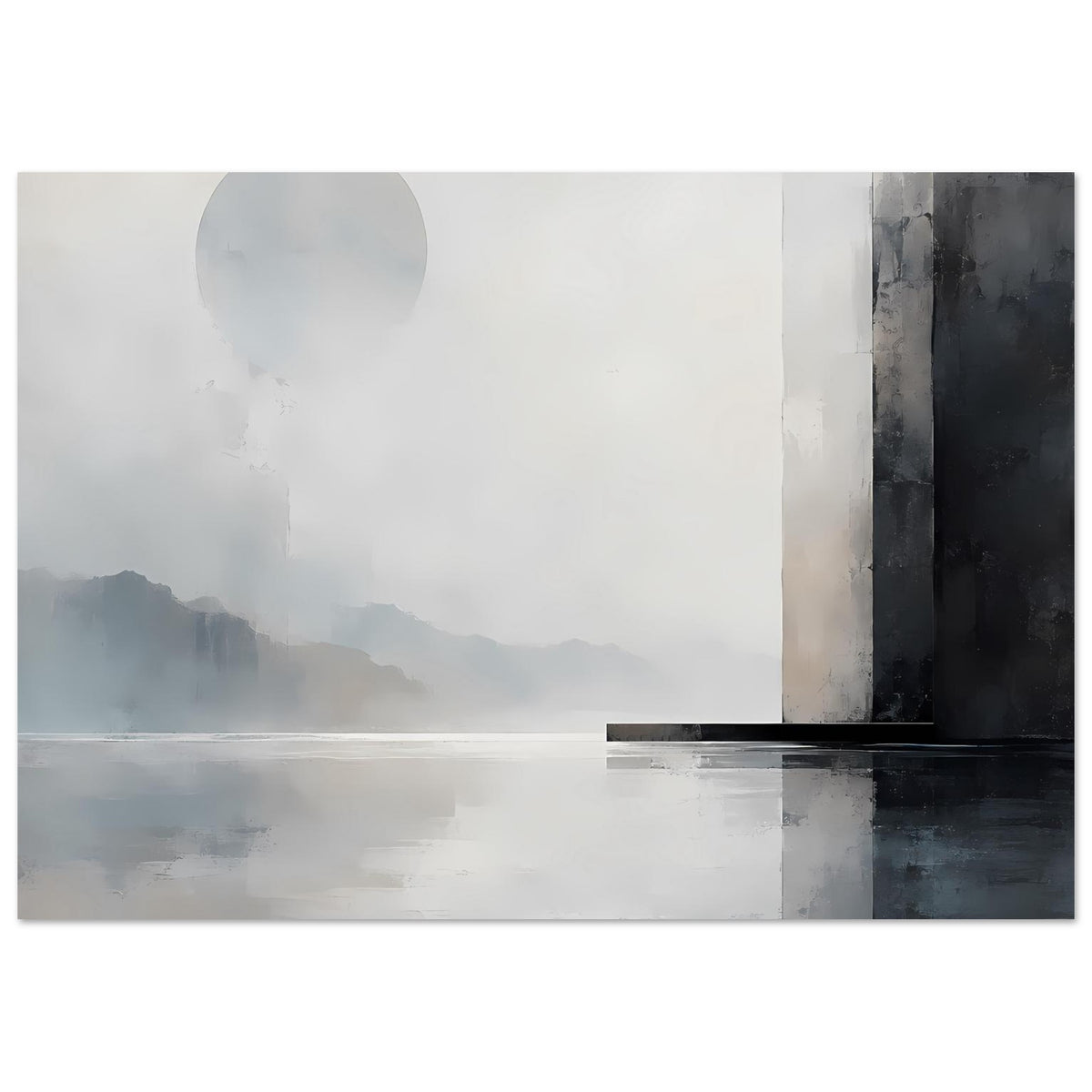 Kunstdruck: abstrakte Berglandschaft mit Horizontlinie, großer Kreis links, dunkler Balken rechts