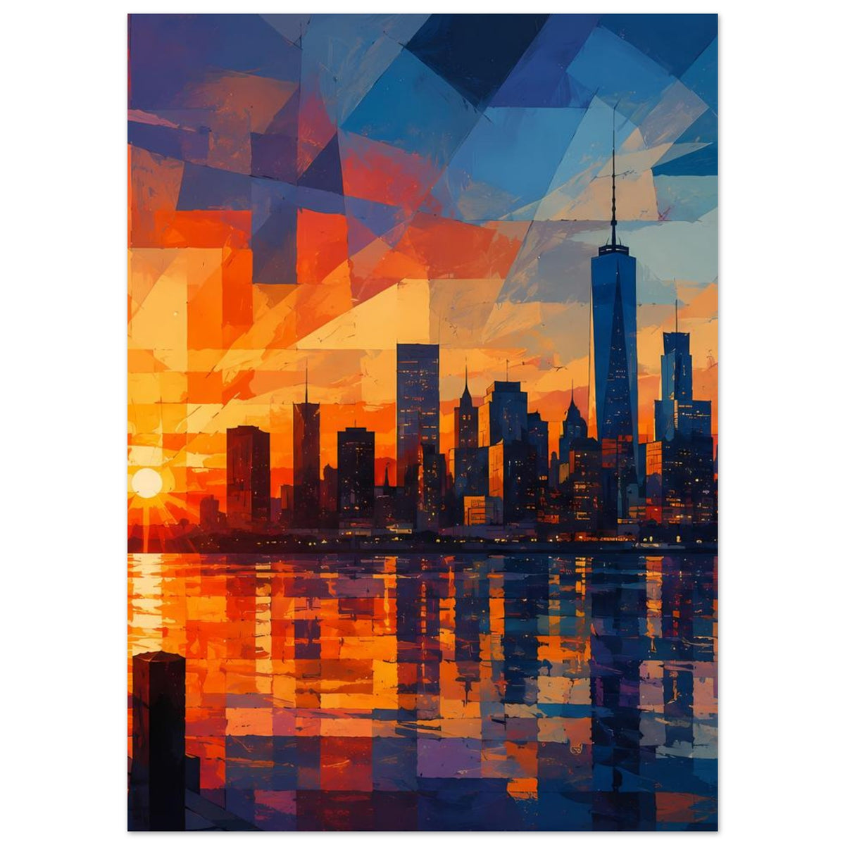 Vertikales Poster: abstrakte Cityscape mit Sonnen am Horizont und Spiegelung im Wasser