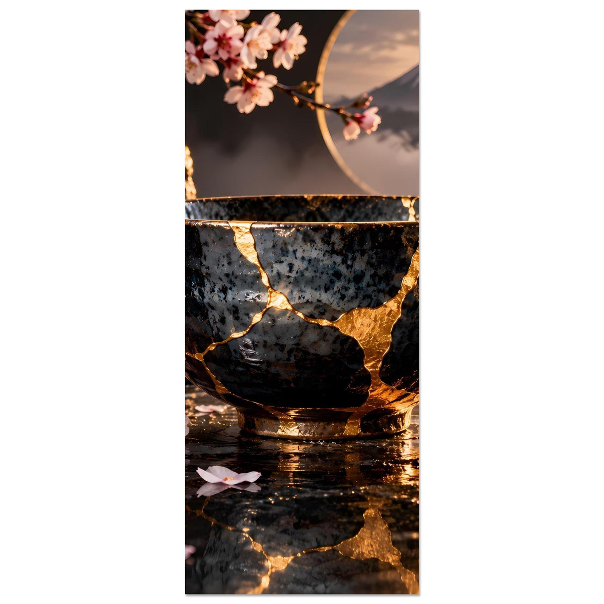 Kintsugi-Elegance-Poster, schmaler Zuschnitt: schwarze Schale mit goldenen Risslinien