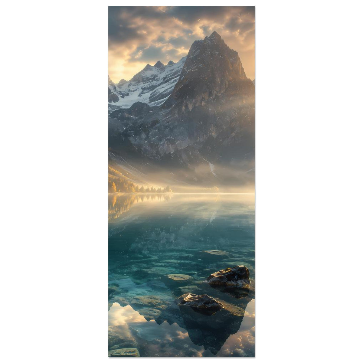 Vertikales Wandposter mit Bergsee, Felsbrocken unten und warmem Sonnenaufgang hinter Bergen