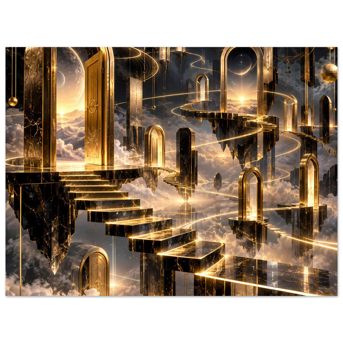 Premium-Poster mit gold-schwarzer Himmelsarchitektur, Bögen, Stufen und warmem Licht in der Tiefe