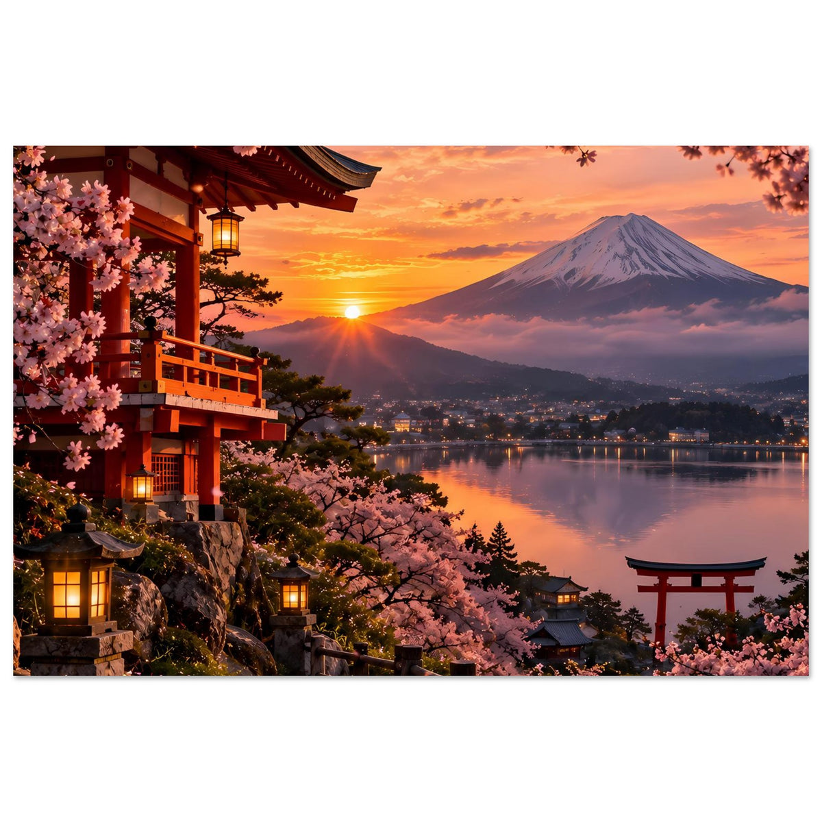 Japanisches Kirschblütenposter mit Treppe am Tempel, rosa Blüten, Vulkanberg und See