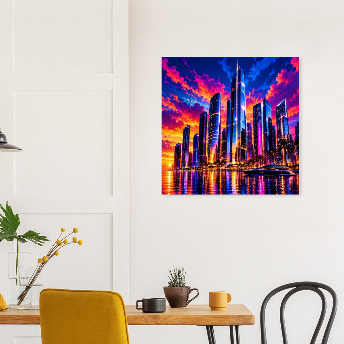 Poster mit leuchtender Großstadt-Skyline im Sonnenuntergang an weißer Wohnzimmerwand