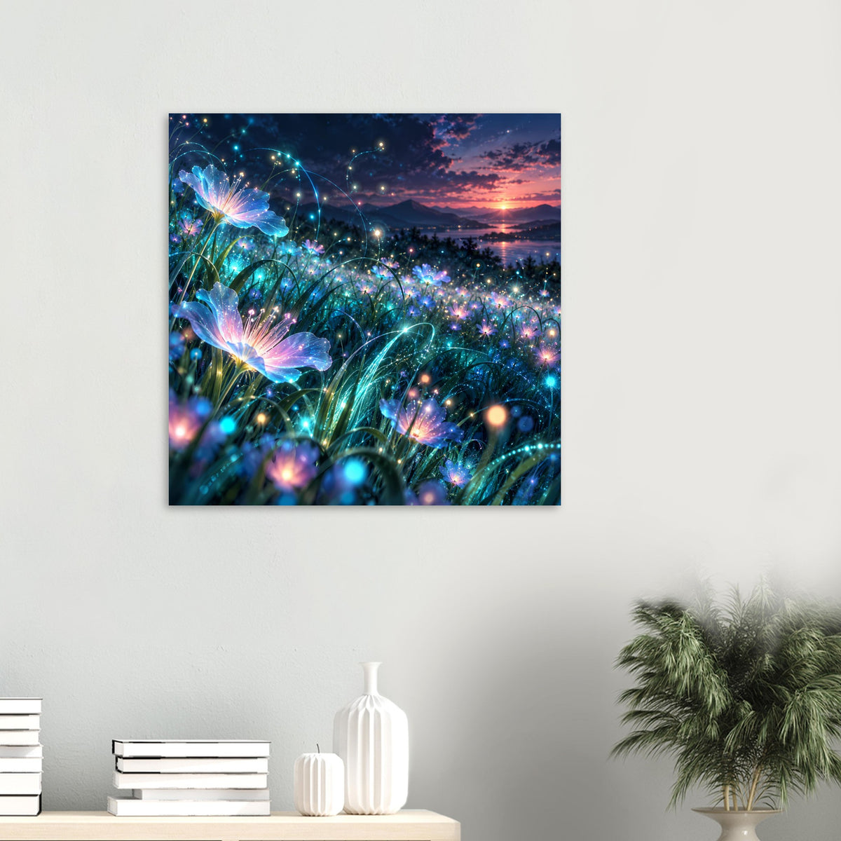 Quadratisches Poster: blaue Glühblüten mit funkelnden Punkten und warmem Sonnenuntergang