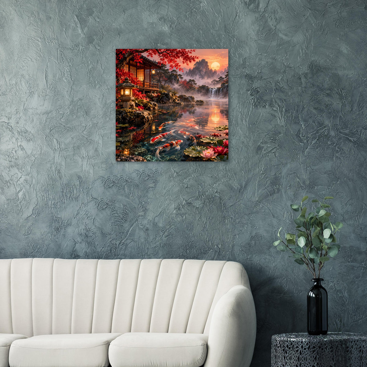Gerahmtes Poster mit Koi im Wasser, Teichufer mit Häusern, Abendsonne